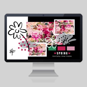 May include: A computer screen displaying a floral design template with the word "SPRING" and the text "Brand Styling - Design Templates". The design includes a pink and white floral pattern, a black and white flower illustration, and a colour palette of pink, green, and grey.