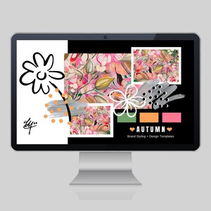 May include: A digital screen mockup showcasing a brand styling and design template for autumn. The design features a floral pattern in shades of pink, green, and brown, along with a colour palette and a hand-drawn flower. The text "AUTUMN" is displayed in a bold font with heart symbols.