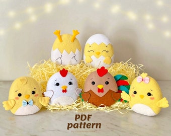 Easter decor pattern felt set of 6 PDF & SVG, easy to sew chicken, DIY stuffed animal farm soft toy, diy nursery decor, bird sewing tutorial