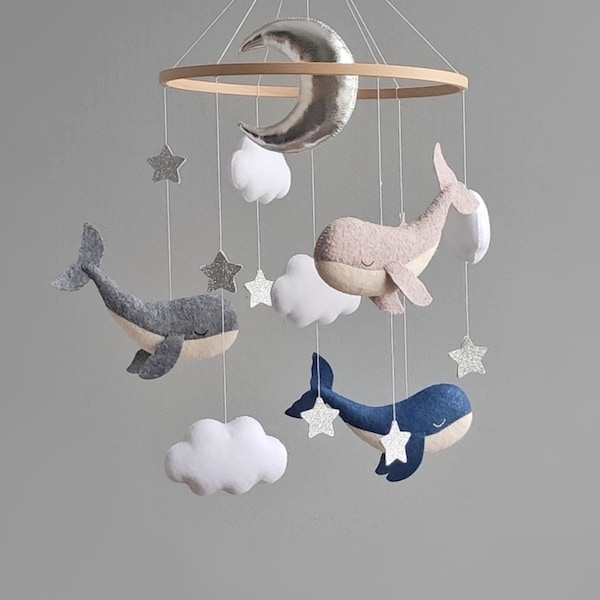 Bébé mobile océan patron de couture PDF SVG, feutre motif baleine, nuage, lune, étoiles feutre ornements, mobile sous la mer