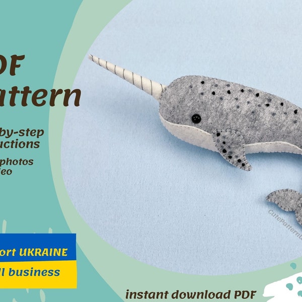 Narwhal toy sewing pattern PDF SVG, whale felt DIY stuffed toy, pattern ocean animals easy to sew patterns unicorn fish sewing for beginners
