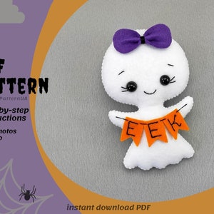 Ghost girl sewing PDF pattern SVG, Halloween ornament felt cute ghost, video how to sew toy, hand sewing project, diy craft toy ghost