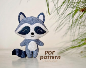 Felt raccoon sewing pattern PDF and SVG, DIY tutorial toy woodland animals baby crib mobile, easy pattern sewing instruction step by step