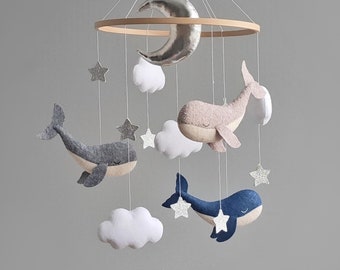 Baby mobile ocean sewing pattern PDF SVG, felt whale pattern, cloud, moon, stars felt ornaments, under the sea mobile