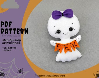 Ghost girl sewing PDF pattern SVG, Halloween ornament felt cute ghost, video how to sew toy, hand sewing project, diy craft toy ghost