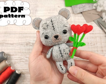 Teddy Bear sewing pattern pdf felt, cute Valentines animal pattern and step by step tutorial bear, diy valentines craft heart flower