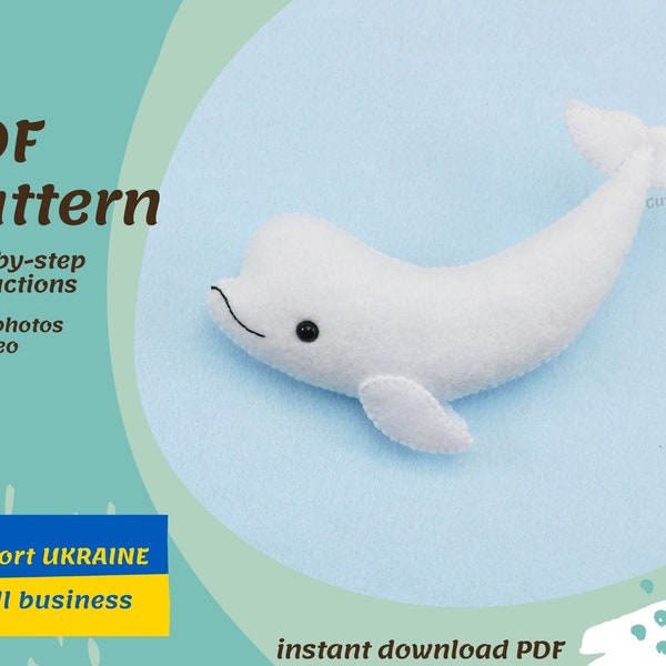 DIY sewing pattern beluga whale felt pattern for beginner easy sewing patterns sea animals soft toys whale baby mobile ocean diy craft gift