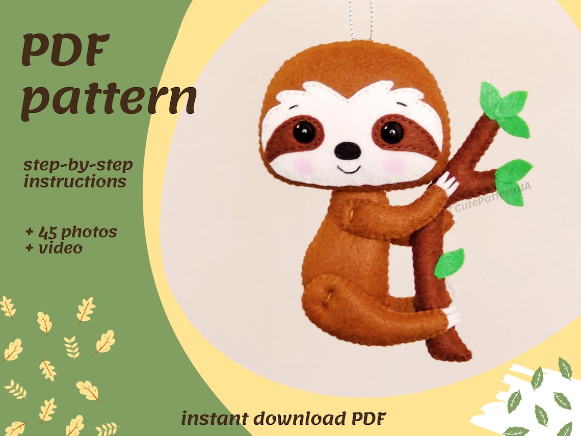 Sloth PDF Pattern Animal Felt Sewing DIY Sloth Ornament Etsy
