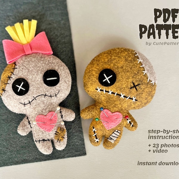 Voodoo doll sewing pattern PDF/ SVG, Halloween creepy doll, DIY felt ornaments, hand sew Halloween, voodoo plush toy, art design doll