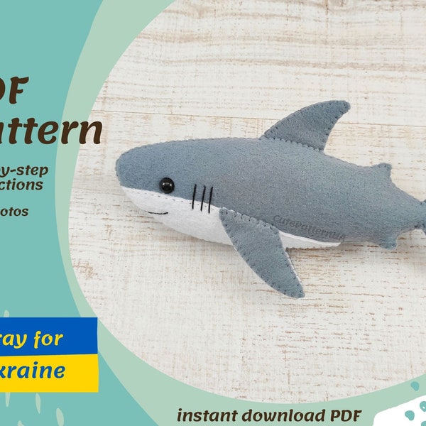 Shark sewing pattern felt, DIY shark ornament, ocean animal pattern, easy sewing pattern sea creatures, marine life pattern PDF and SVG