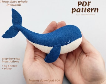 Sewing pattern whale plush PDF, SVG soft animal whale toy, plushie pattern for beginners, how to sew felt whale ornaments