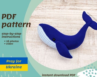 Easy sewing patterns blue whale felt stuffed animal sea creature pattern for beginner Blue whale soft toy sewing template DIY craft gift