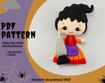 Witch doll pattern, Halloween ornament Witch DIY felt ornaments Halloween patterns stuffed toy, Halloween craft Felt sewing