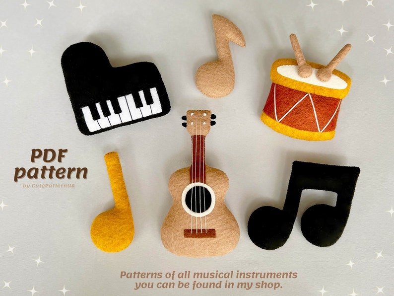 Piano sewing pattern PDF and SVG, musical instruments felt ornaments, baby mobile music, easy sewing projects, hand sewn stuffed toy piano image 5