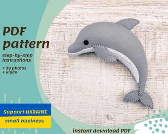 Dolphin toy sewing pattern whale felt ornament pattern for beginner craft to make at home stuffed ocean animal sea creature pattern pdf toy