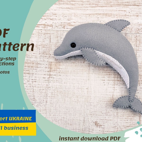 Dolphin toy sewing pattern whale felt ornament pattern for beginner craft to make at home stuffed ocean animal sea creature pattern pdf toy