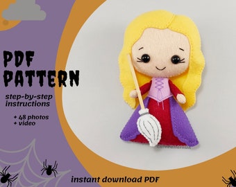 Halloween sewing PDF pattern felt, witch doll pattern, diy Halloween decor, stuffed toy patterns, diy craft tutorials, easy sewing patterns