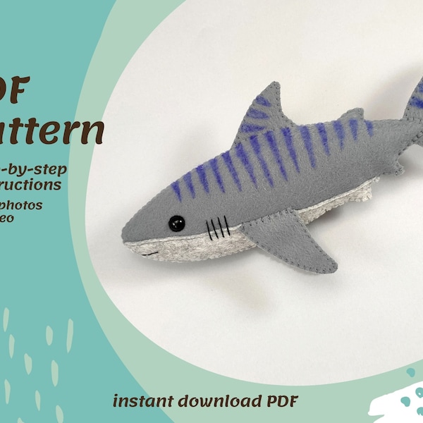 Tiger shark sewing pattern for beginners, Make a soft toy for your shark lover, Marine life pattern, felt nautical mobile pattern fish pdf