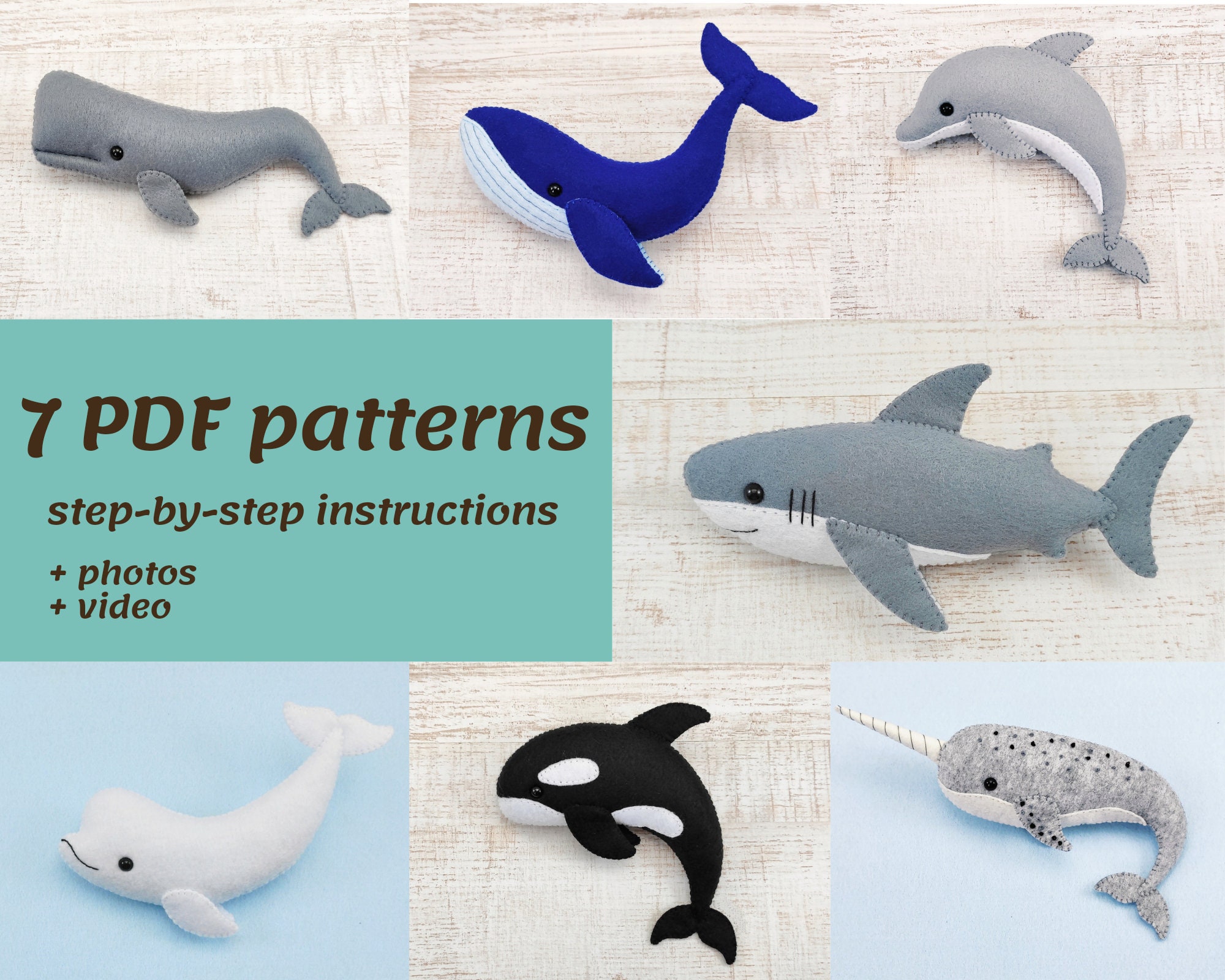 Ocean Pattern Sea Creatures Sewing, Set of 7 PDF/SVG, Felt Sewing Shark  Whale Dolphin Narwhal Orca, DIY Fish Ornament Sea Life Baby Mobile -   Canada