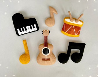 Musical Instruments sewing pattern felt set of 4 PDF & SVG, musical notes, diy stuffed piano, drum, acoustic guitar, baby mobile music