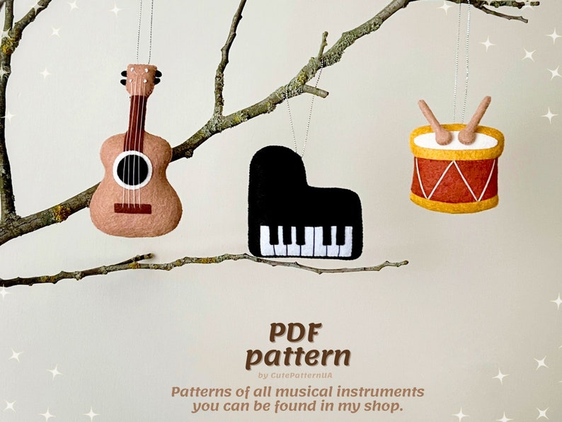 Piano sewing pattern PDF and SVG, musical instruments felt ornaments, baby mobile music, easy sewing projects, hand sewn stuffed toy piano image 3