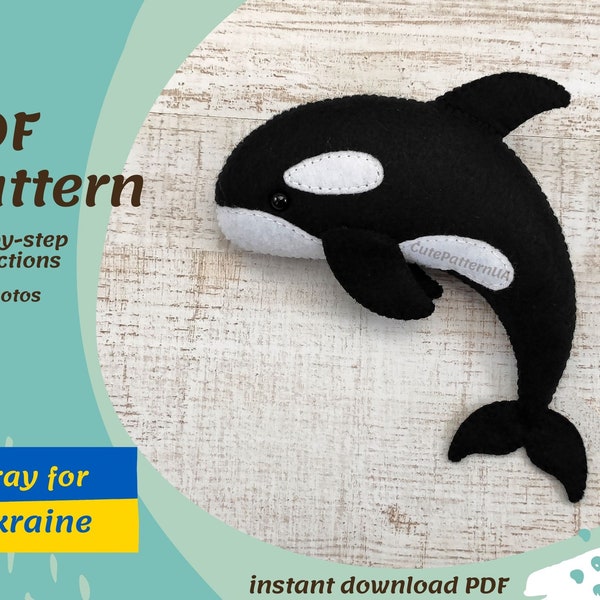 Orca sewing pattern felt killer whale soft toy pattern PDF nautical template download diy craft tutorial sea animals patterns for beginners