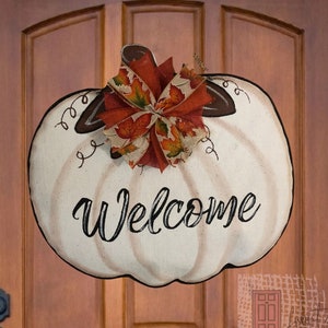 White Pumpkin Decor, Burlap Door Hanger, Porch Decor, Thanksgiving Decor, Fall Wreath, Front Door Sign, Housewarming Gift, Hand Painted