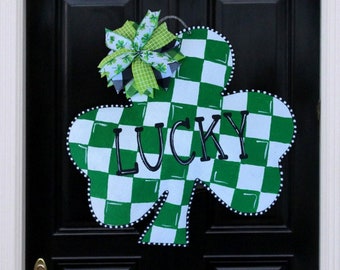 Shamrock Door Hanger, Burlap Wreath, St Patrick's Day Decor, Porch Decoration, Checkerboard Decor, Hand Painted, Gifts for Her