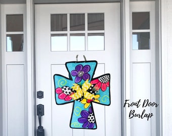 Burlap Flowered Cross Door Hanger (wreath alternative)