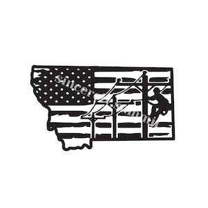May include: Black and white silhouette of a lineman working on power lines in front of an American flag in the shape of the state of Montana.