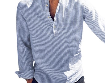 Wilngo Mens Casual Linen Cotton Banded Collar Long-Sleeve Regular Fit Button Up Shirts Wilngo Mens Casual Linen Cotton Banded Collar Long-Sleeve Regular Fit Button Up Shirts