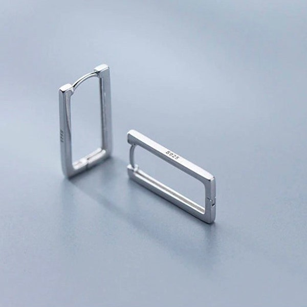 Sterling Silver Rectangle Hoop Earrings, Simple Chunky Earring for Women, Bar Earrings, Silver Geometric Hoop Earrings, Long Hoops