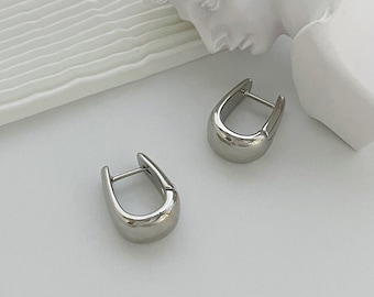 Chunky Long Hoops Silver, Wide Huggie Hoops, Thick Long Hoops, Large Hoops, 8mm wide Hoop Earrings, U Shaped Hoops