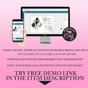 May include: A digital mockup of a wedding invitation template with a floral design and the text "The Groom & The Bride". The template can be edited and downloaded using the Corjl platform.