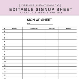 Editable Sign Up Sheet, Email Sign Up Sheet, Sign Up List, Event Sign Up, Sign Up Template, Sign In Sheet, A4, US Letter PDF, Digital