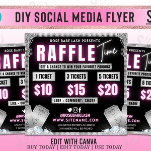 May include: A black and silver social media flyer with a pink glitter background. The flyer advertises a raffle for a chance to win a favorite product. The flyer includes the text "BOSE BABE LASH PRESENTS RAFFLE Time" and the prices for different ticket options: 1 ticket for $10, 3 tickets for $15, and 5 tickets for $20. The flyer also includes the text "LIKE COMMENT SHARE" and the social media handles @BOSEBABELASH and WWW.SITENAME.COM.