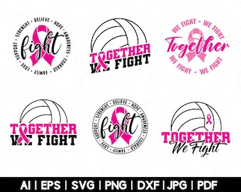 Juntos luchamos contra el cáncer de mama, paquete SVG de voleibol (descarga digital)