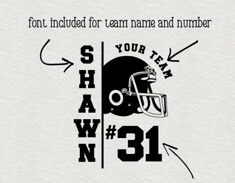 K&ouml;nnte beinhalten: Schwarzwei&szlig;es Design eines Footballhelms mit dem Text "YOUR TEAM" dar&uuml;ber. Der Text "SHAWN #31" befindet sich links vom Helm.