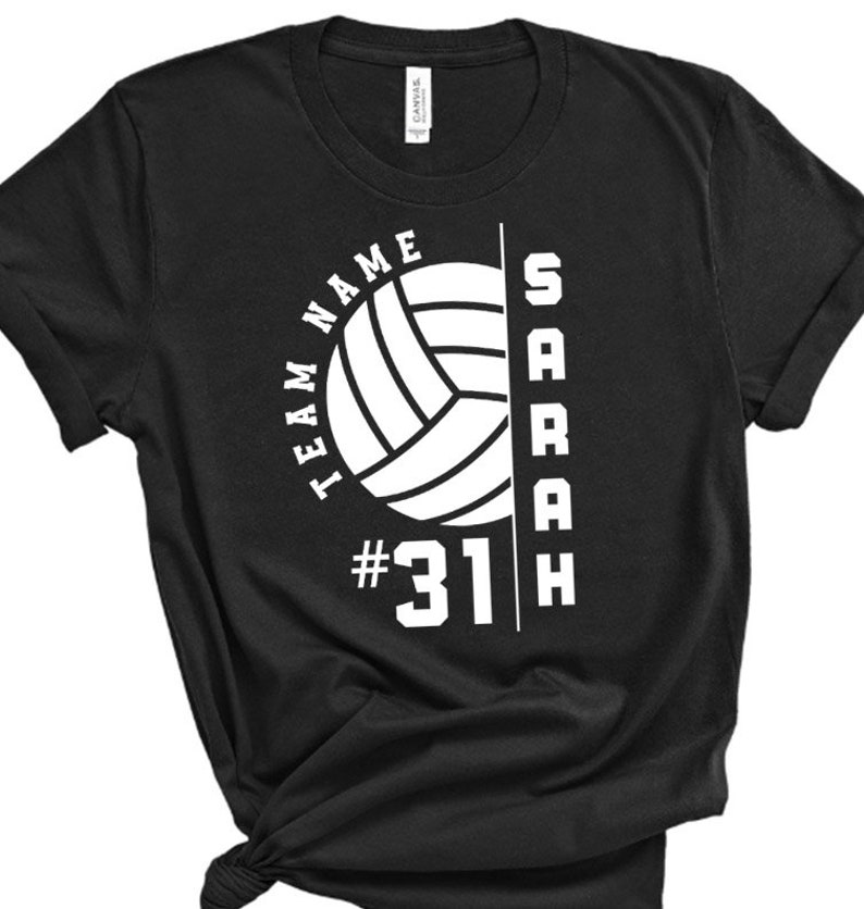 May include: Black t-shirt with a white volleyball graphic, the text "TEAM NAME" and "SARAH", and the number "#31".