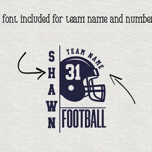May include: A black and white football helmet graphic with the text "TEAM NAME" above it and "FOOTBALL" below it. The number "31" is on the side of the helmet. The text "SHAWN" is to the left of the helmet.