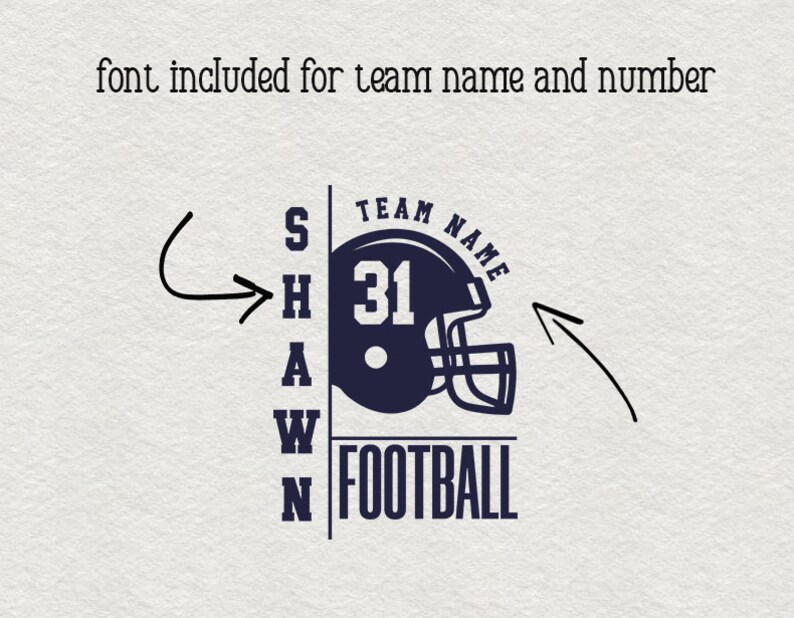 May include: A black and white football helmet graphic with the text "TEAM NAME" above it and "FOOTBALL" below it. The number "31" is on the side of the helmet. The text "SHAWN" is to the left of the helmet.