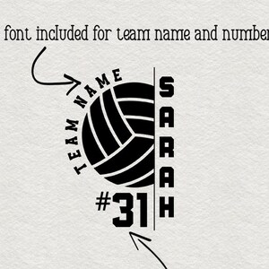 May include: Black and white volleyball graphic with the text "TEAM NAME" and "SARAH" on either side of the ball. The number "31" is below the ball.