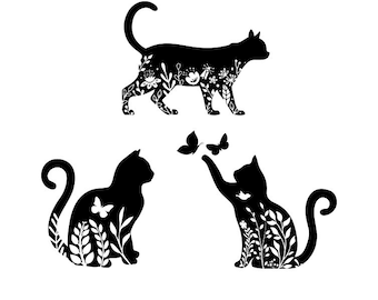 花柄猫SVG、蝶のシルエットクリップアート（デジタルファイル）