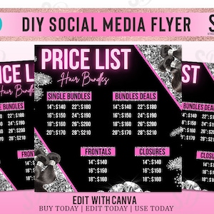 Social Media Flyer, Price List Template, Price List Flyer, Hair Flyer Template, Hair Bundle Flyer, Wig Flyer, Instagram Flyer, Braids Flyer