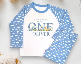 Pijama infantil personalizado de dinosaurio con nube azul, pijama de cumpleaños infantil, cuando me despierte tendré uno, dos, tres años, pijama con certificación CE