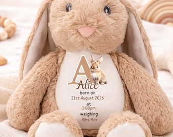 Conejito de peluche personalizado para nacimiento / Nombre personalizado / Regalo para baby shower / Recuerdo de peluche para recién nacidos