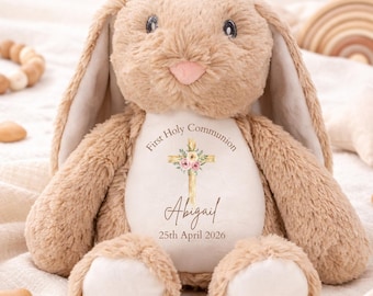 Conejito de Primera Comunión personalizado / Regalo de comunión para niñas / Conejito de bautizo / Recuerdo de peluche con nombre personalizado / Regalo religioso