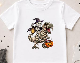 Halloween Dinosaur Kids T-Shirt | Skeleton T-Rex Ghost Rider Tee | Spooky Dino Toddler Shirt | Trick or Treat Halloween Outfit