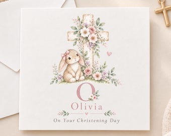 Personalised Christening Card for Girl, Bunny Christening Card, Pink Floral Cross Baptism Card, Goddaughter Granddaughter Niece Card
