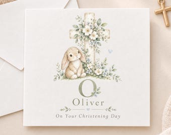 Personalised Christening Card for Boy, Bunny Christening Card, Personalised Baptism Card, Godson Grandson Nephew Christening Gift